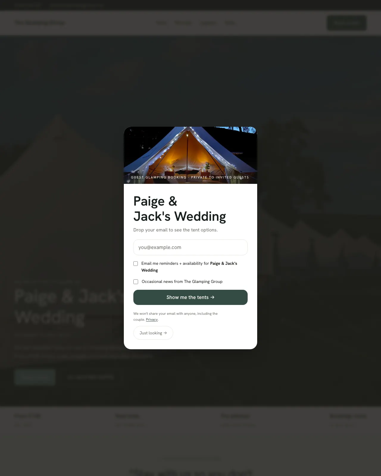 Paige and Jack's wedding booking page