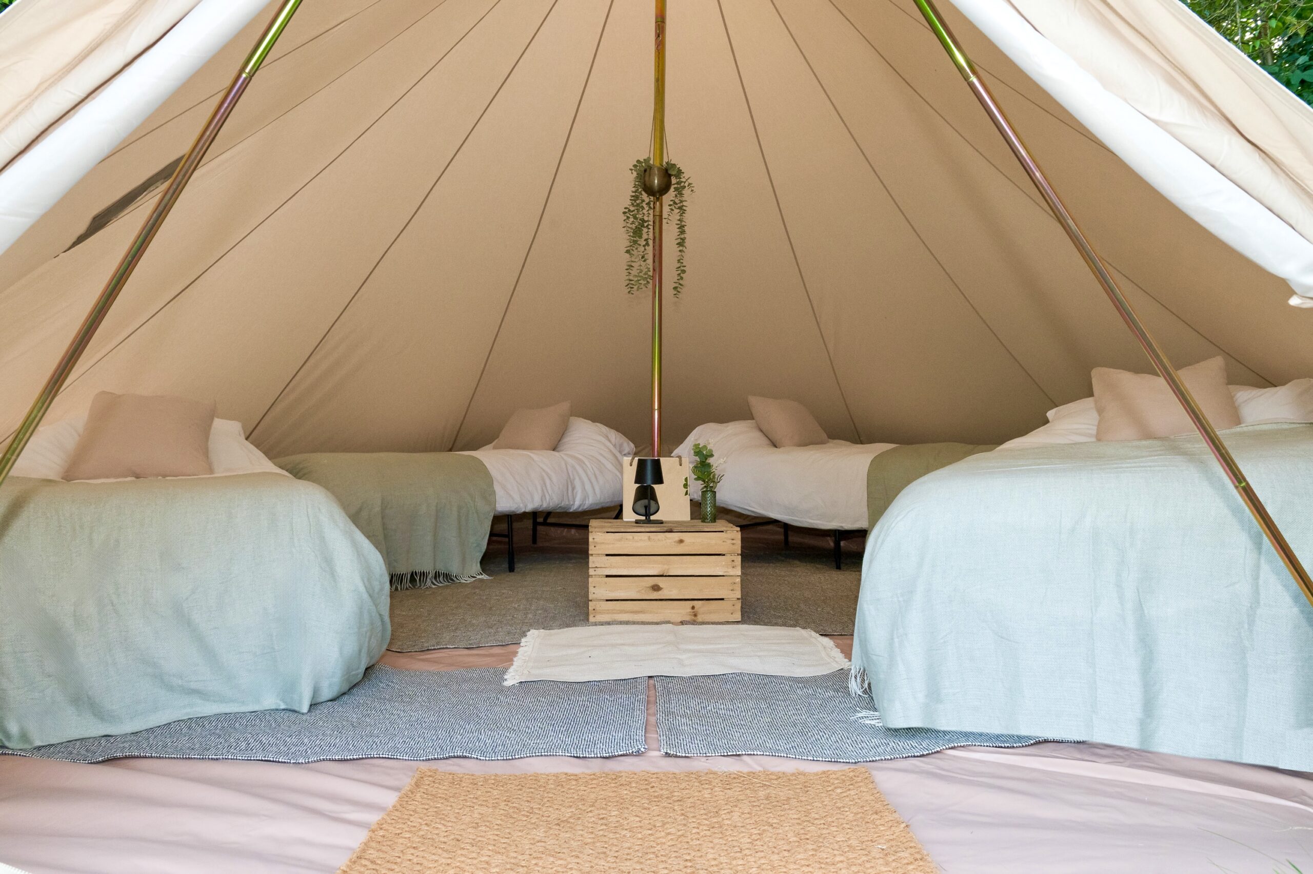 Real raised bed frames inside a bell tent