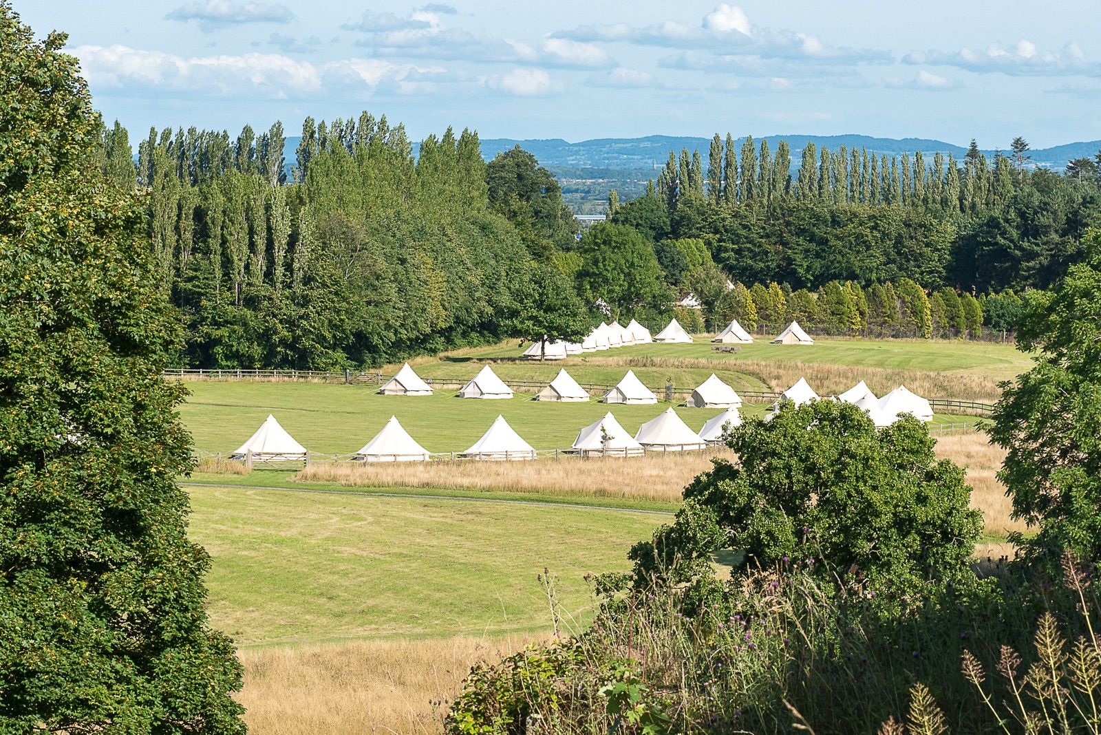 A bell tent village in a long line across parkland, hills behind