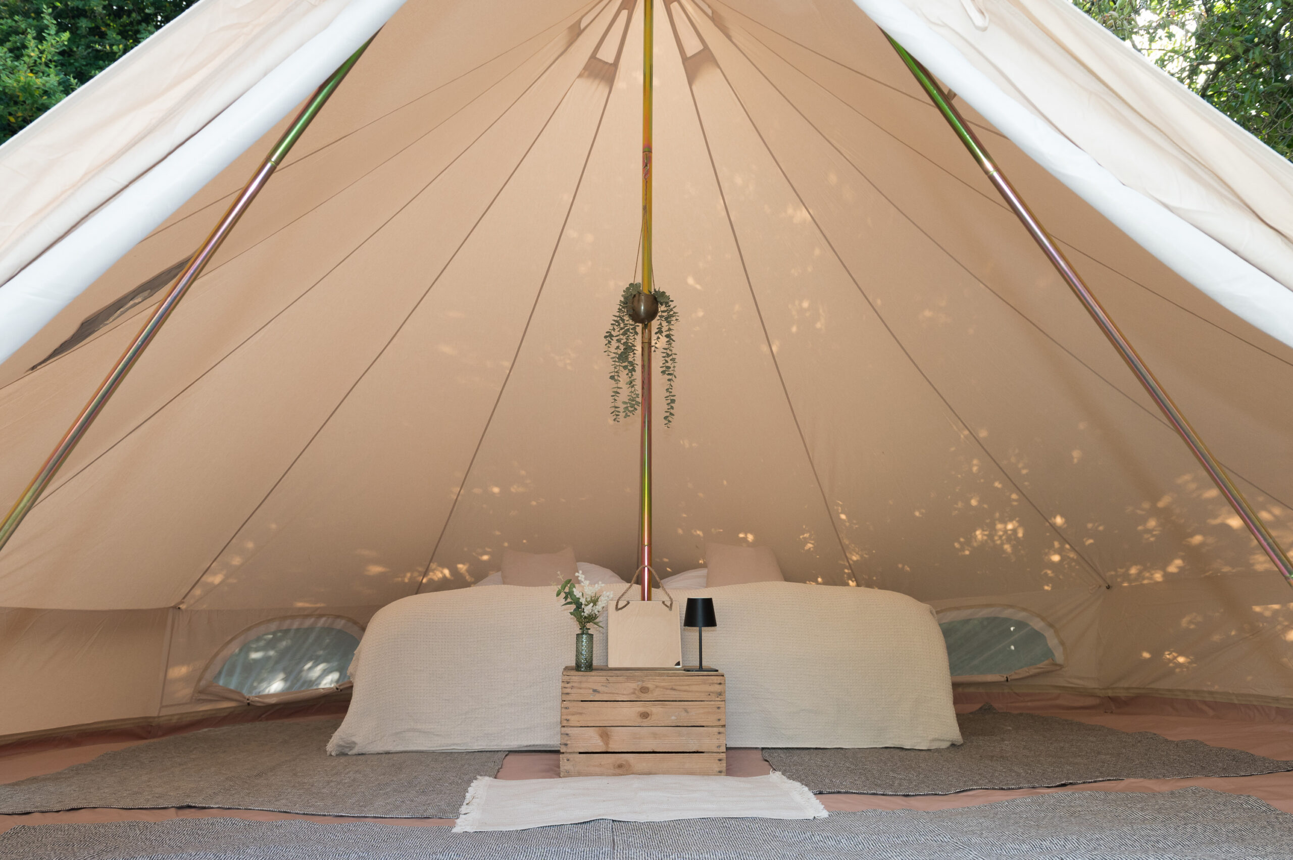 Wide angle view of luxury bell tent interior
